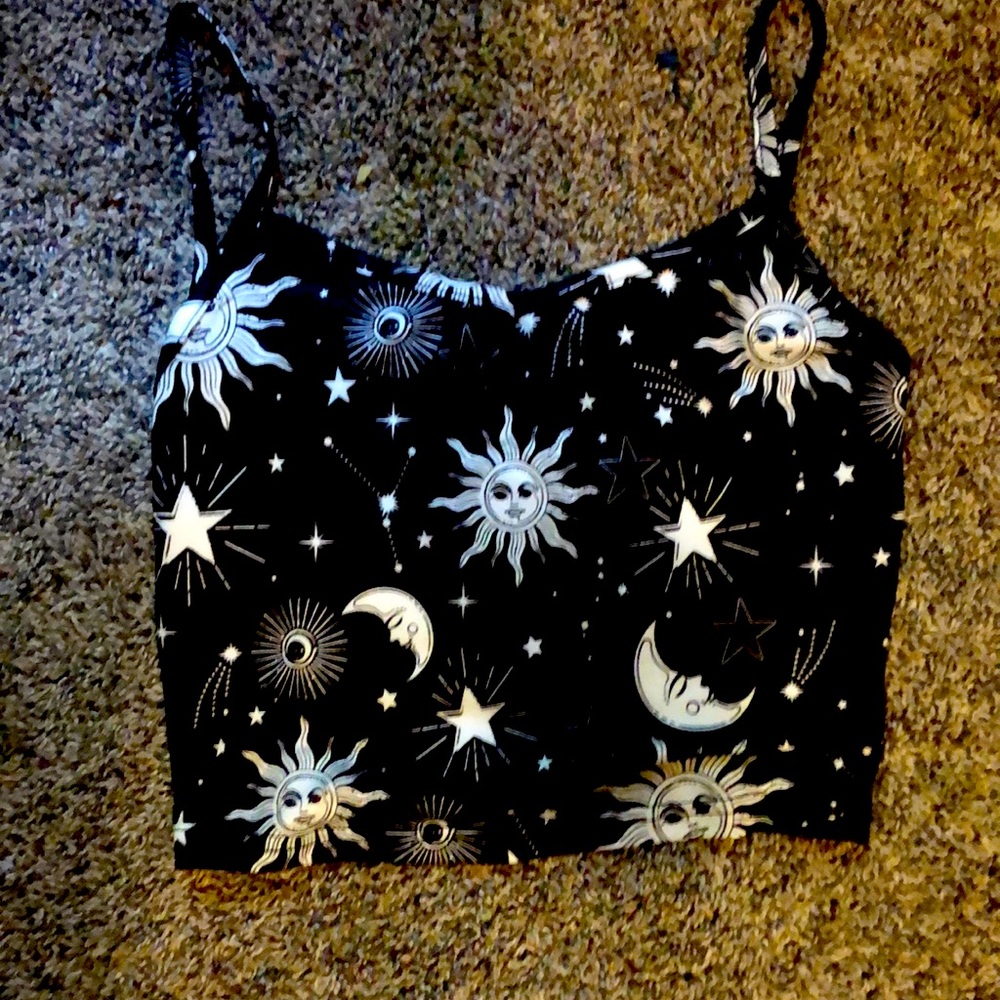 black sun, moon, and star print crop top
